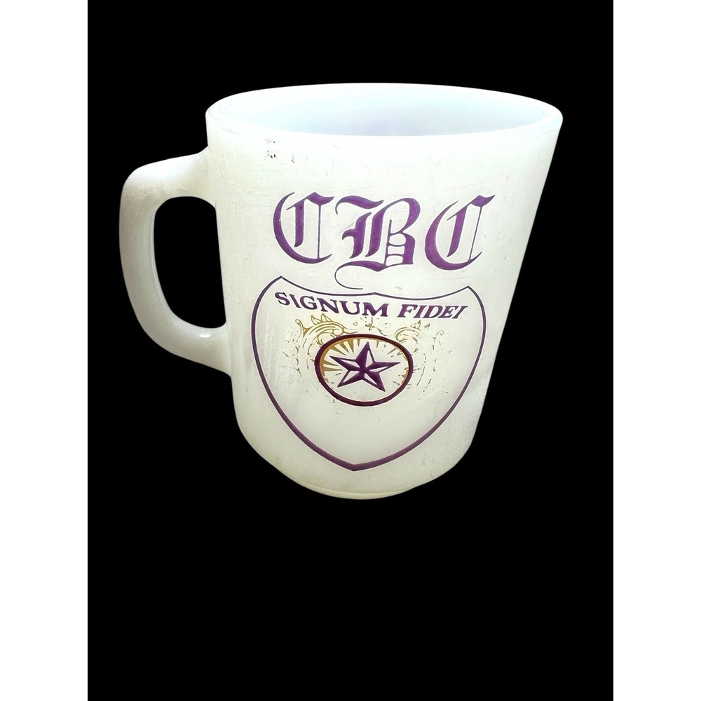 Vintage Anchor Hocking Milk Glass‎ Coffee Mug CBC Signum Fidei Christian Bro Col